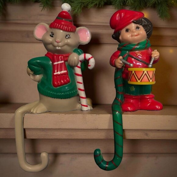 Retro Christmas Stocking Holders – Mouse & Drummer Boy – 1980s Plastic Mantle Ho - Picture 7 of 7